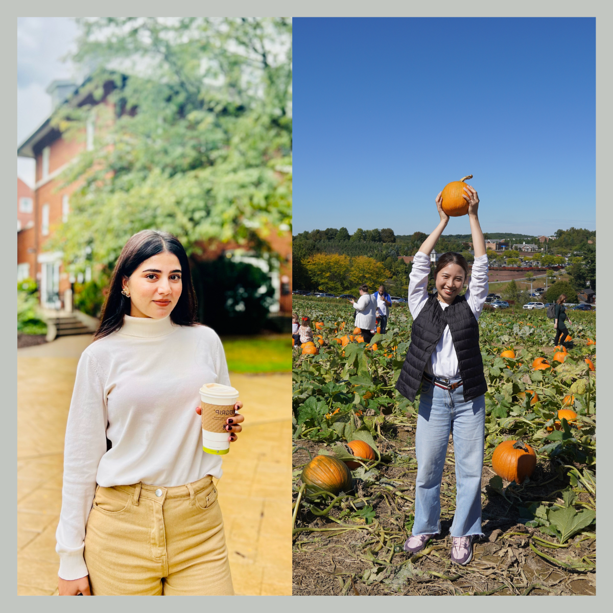 两张照片并排, a young woman holding a pumpkin in a field and another young woman holding a coffee cup on 欧洲杯官方投注网站